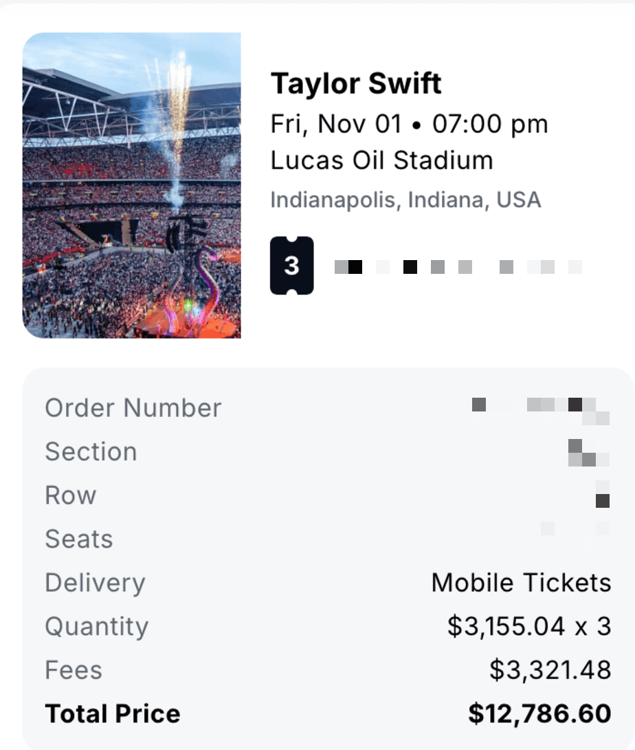 StubHub receipt showing total cost